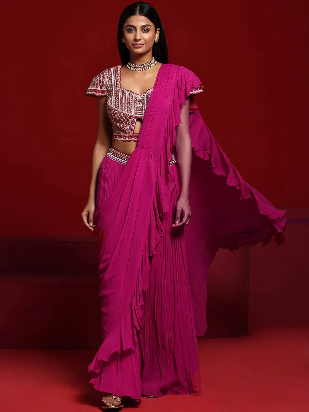 Libas Art Pink Embellished Silk Blend Palazzo Saree