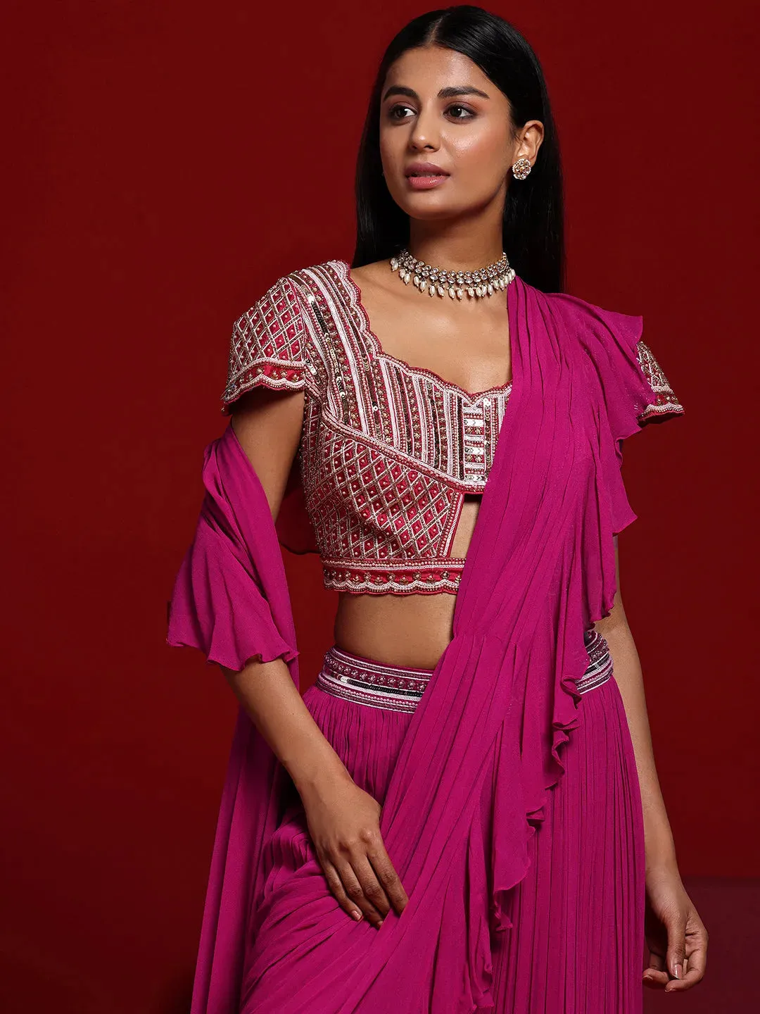 Libas Art Pink Embellished Silk Blend Palazzo Saree