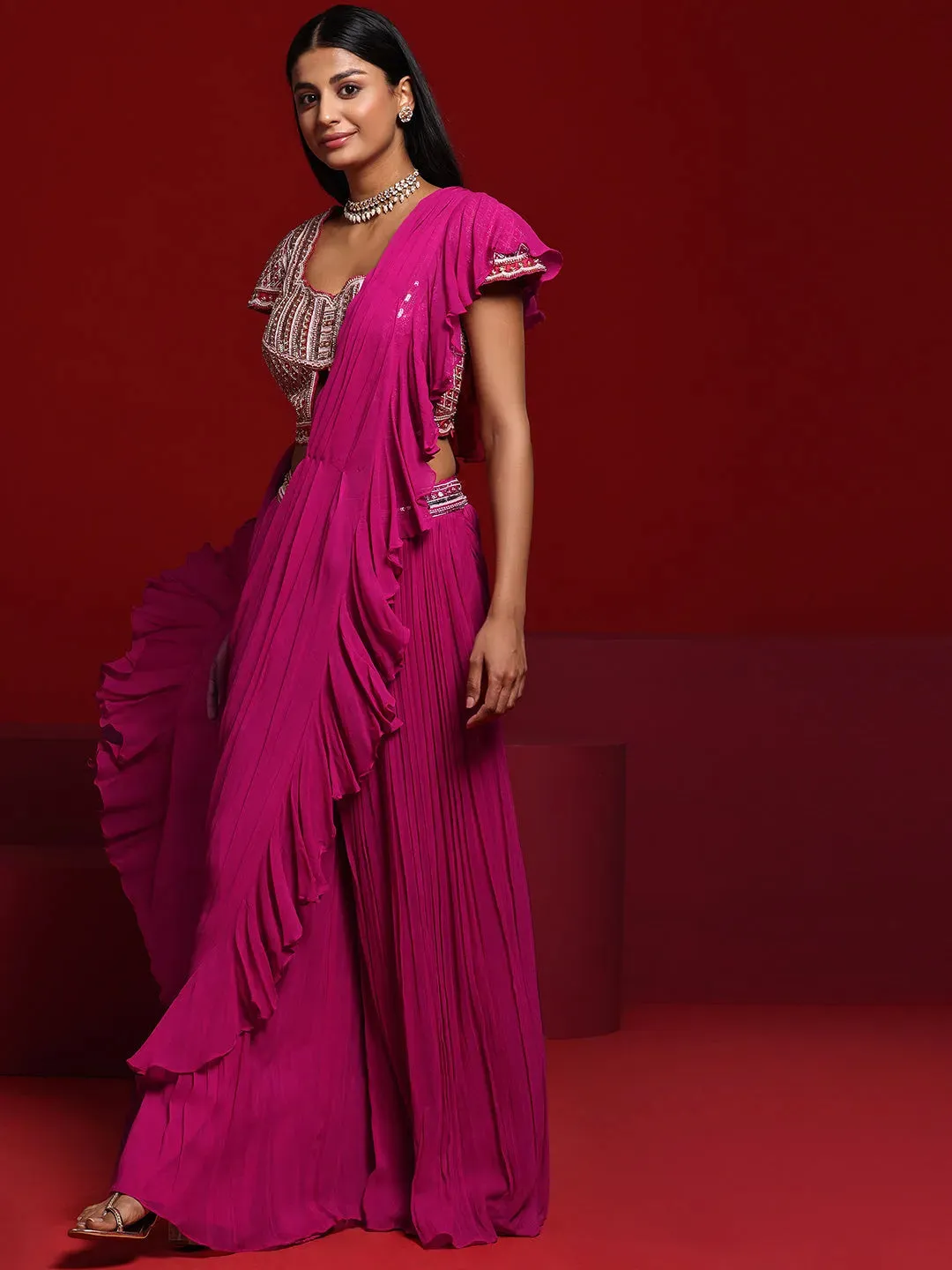 Libas Art Pink Embellished Silk Blend Palazzo Saree