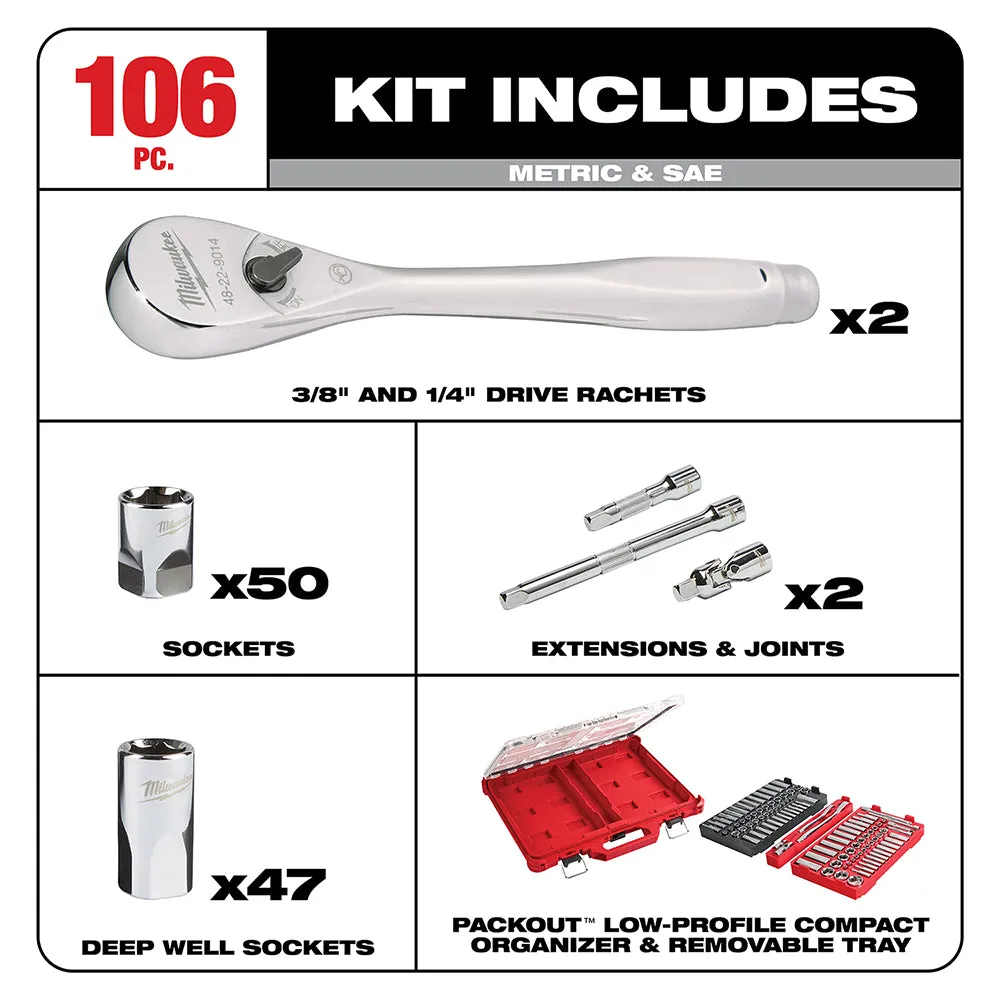 Milwaukee 48-22-9486 1/4"-3/8” Ratchet Socket Set w/ PACKOUT Case - 106pc