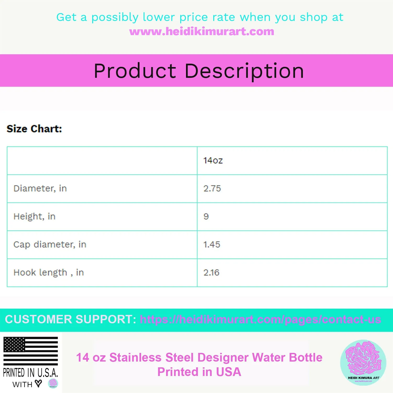 Mixed Pink Rose Water Bottle, Floral Print Stainless Steel 14 oz Designer Bottle- Printed in USA