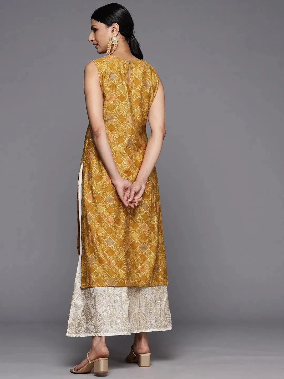 Mustard Printed Silk Straight Kurta