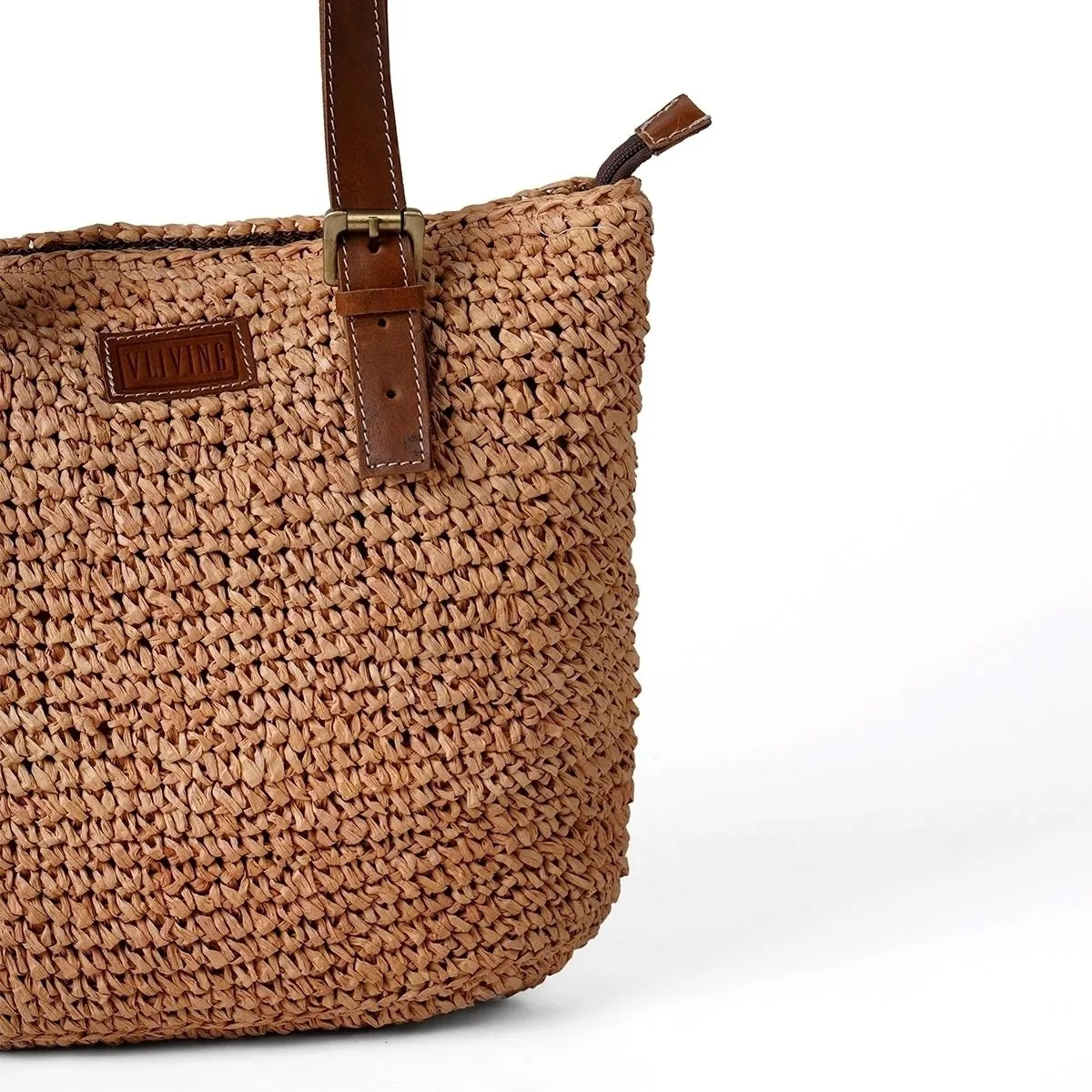 Natural colour Rafia Tote bag with real tan leather handle