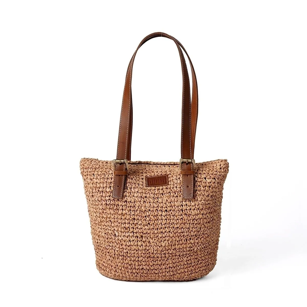 Natural colour Rafia Tote bag with real tan leather handle