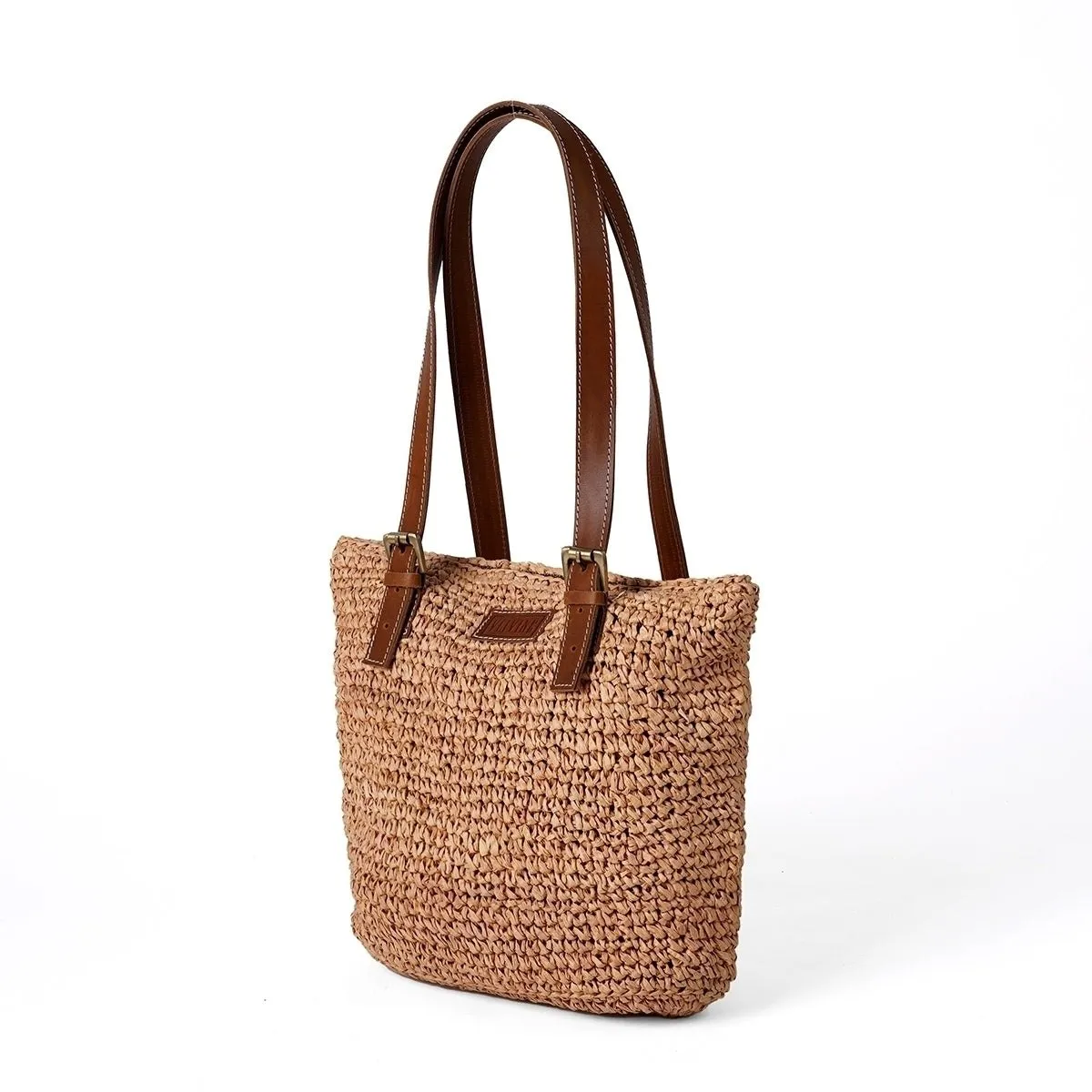 Natural colour Rafia Tote bag with real tan leather handle