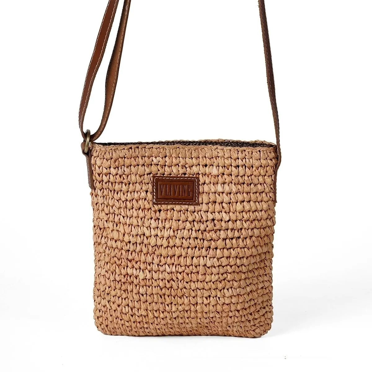 Natural colour Rafia/straw sling bag with adjustable leather handle