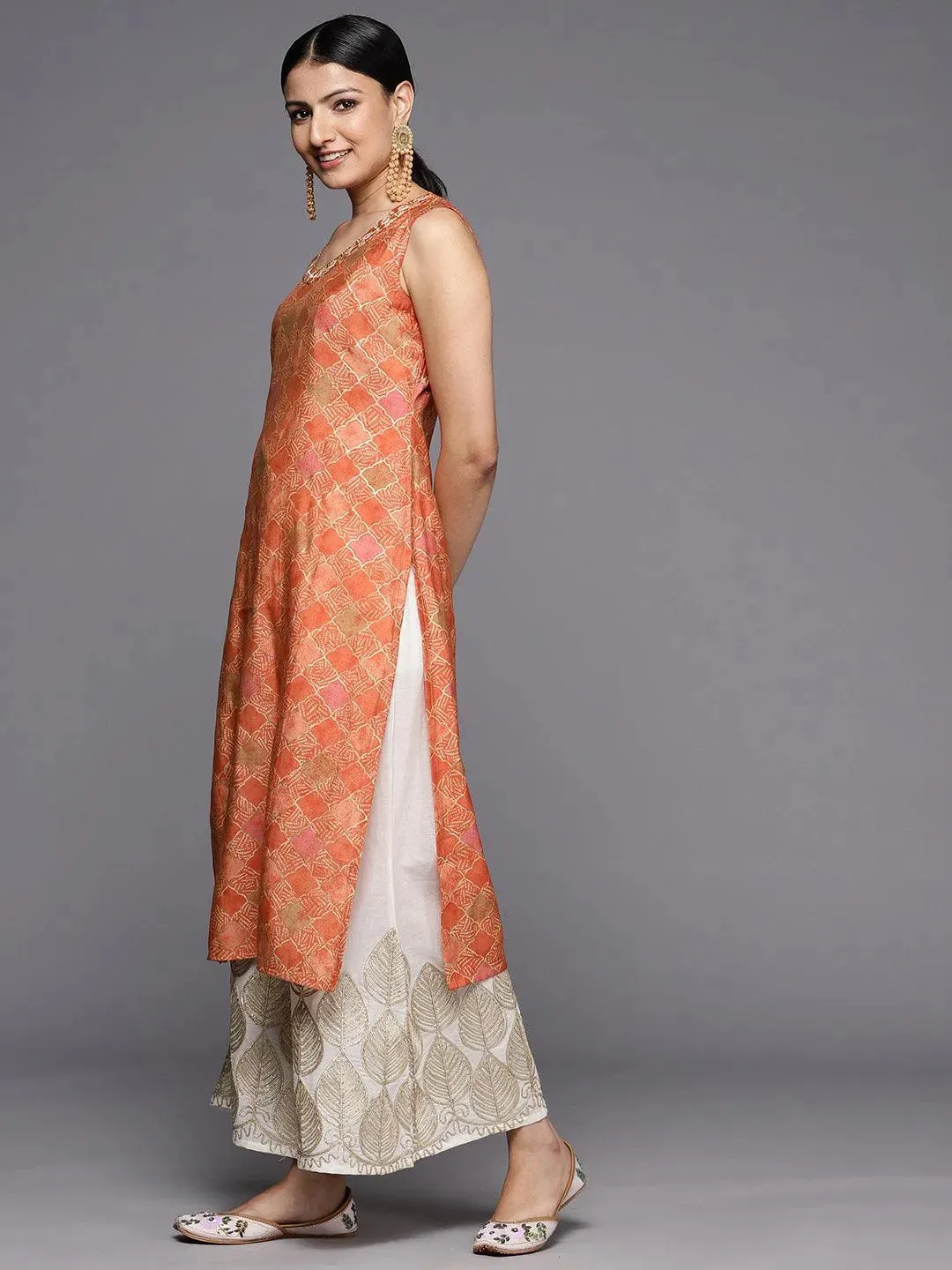 Orange Printed Silk Straight Kurta