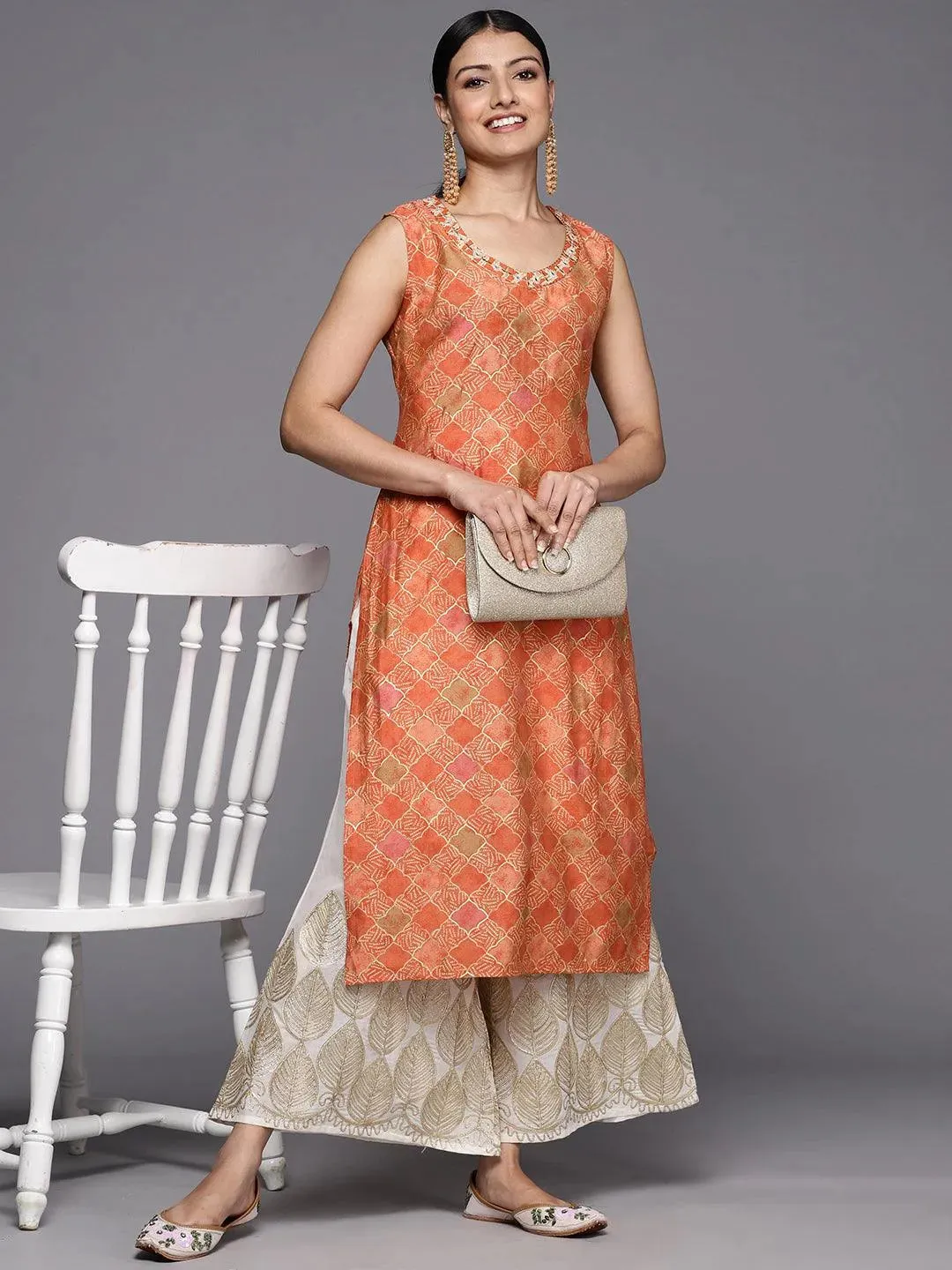 Orange Printed Silk Straight Kurta