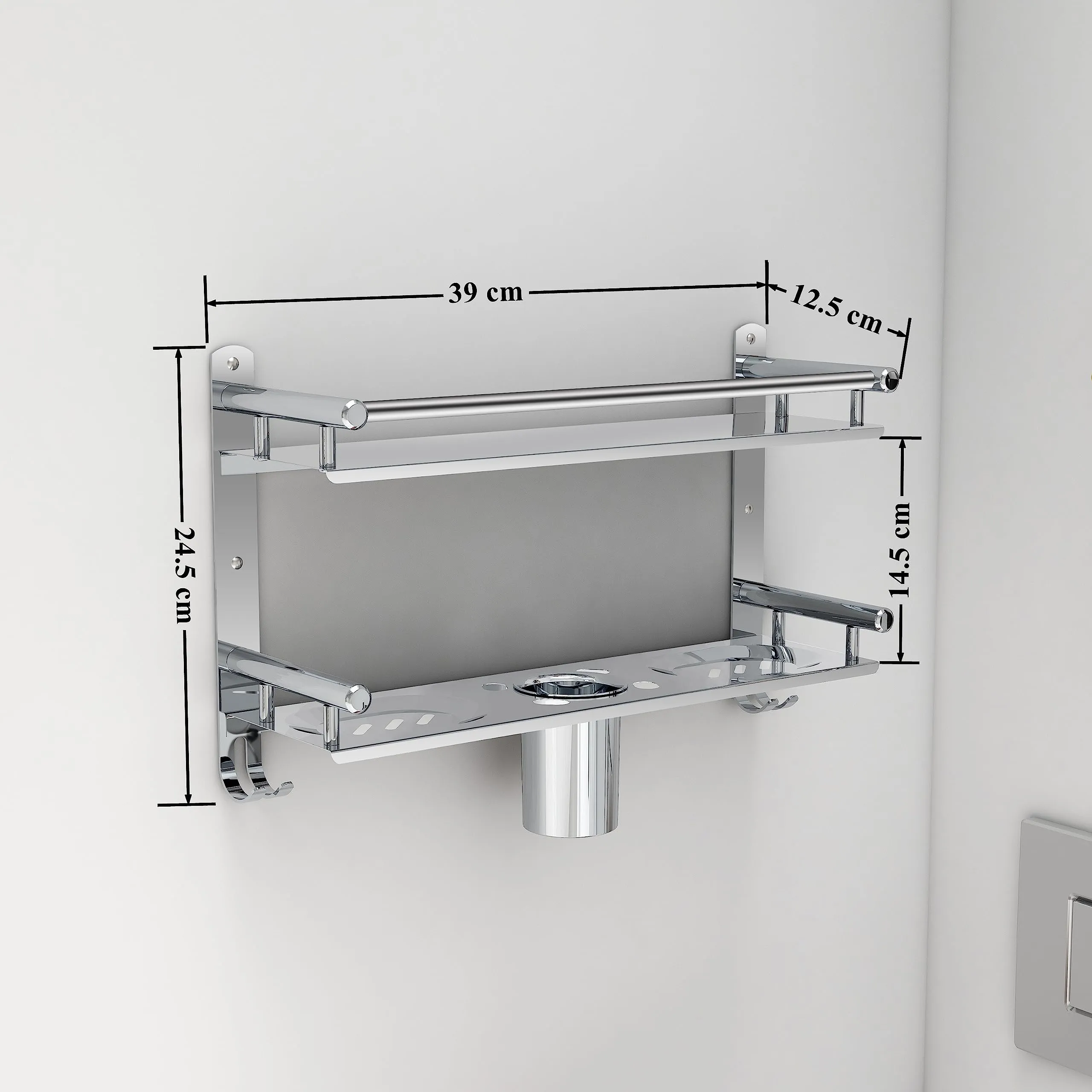 Primax 5in1 Bathroom Organizer with Dual Soap Dish and Tumbler Holder/Wall Shelf with Hooks/Multipurpose Rack/Bathroom Accessories (APS-732, Chrome)