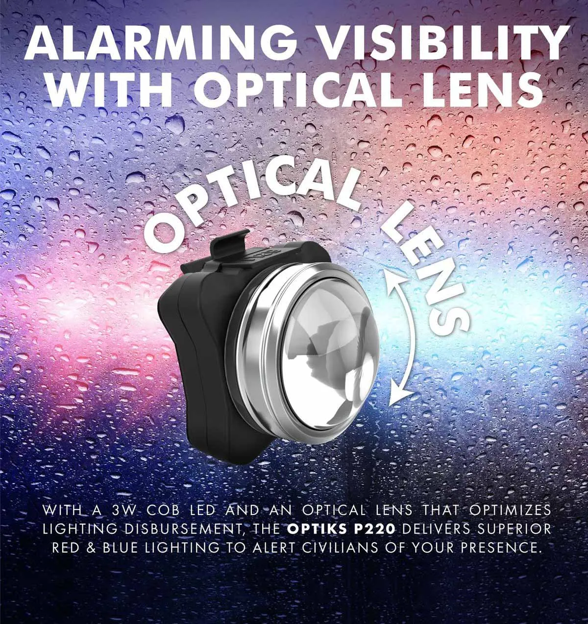 PS1200 Front & OPTIKS 210 Rear Police Patrol Bike Light - Red/Blue Strobe LED - Rechargeable - Water Proof - 5 Modes