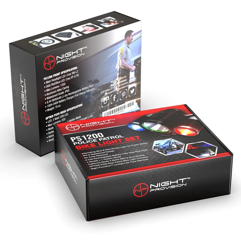 PS1200 Front & OPTIKS 210 Rear Police Patrol Bike Light - Red/Blue Strobe LED - Rechargeable - Water Proof - 5 Modes