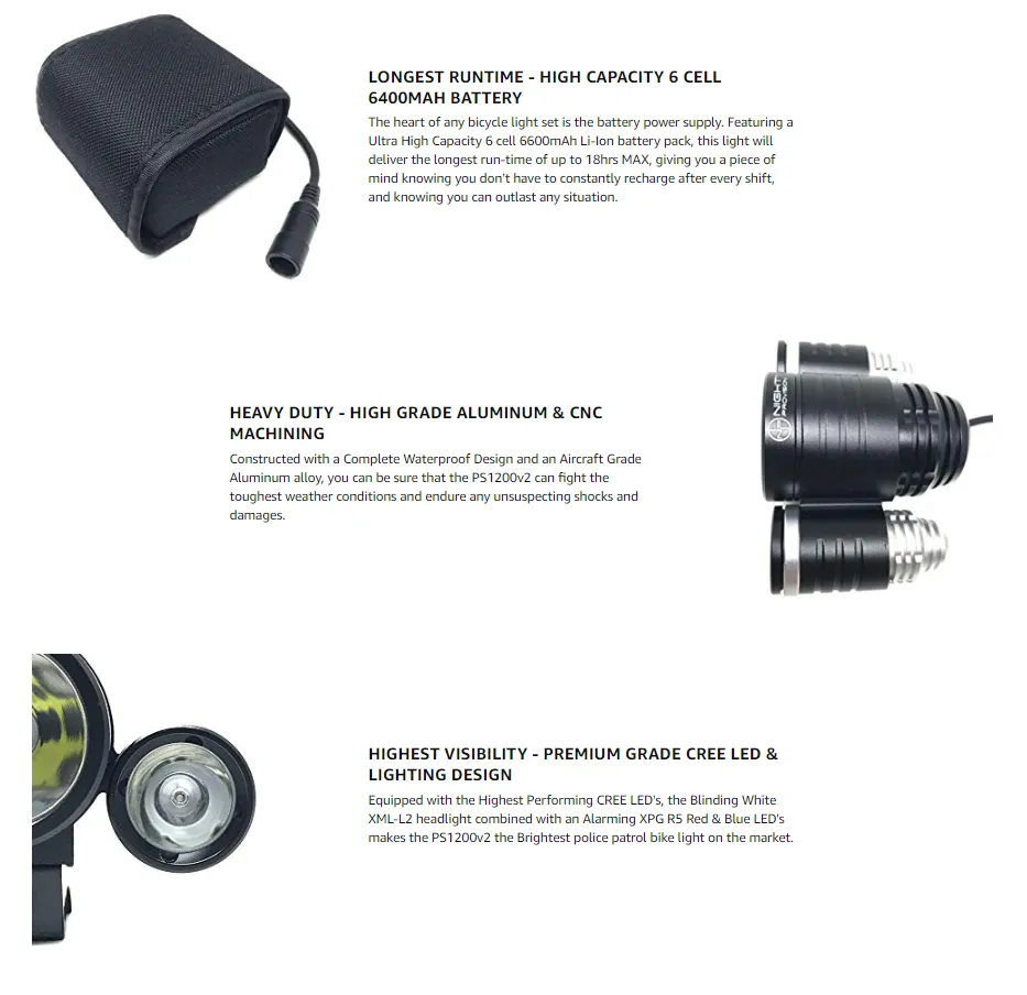 PS1200 Front & OPTIKS 210 Rear Police Patrol Bike Light - Red/Blue Strobe LED - Rechargeable - Water Proof - 5 Modes