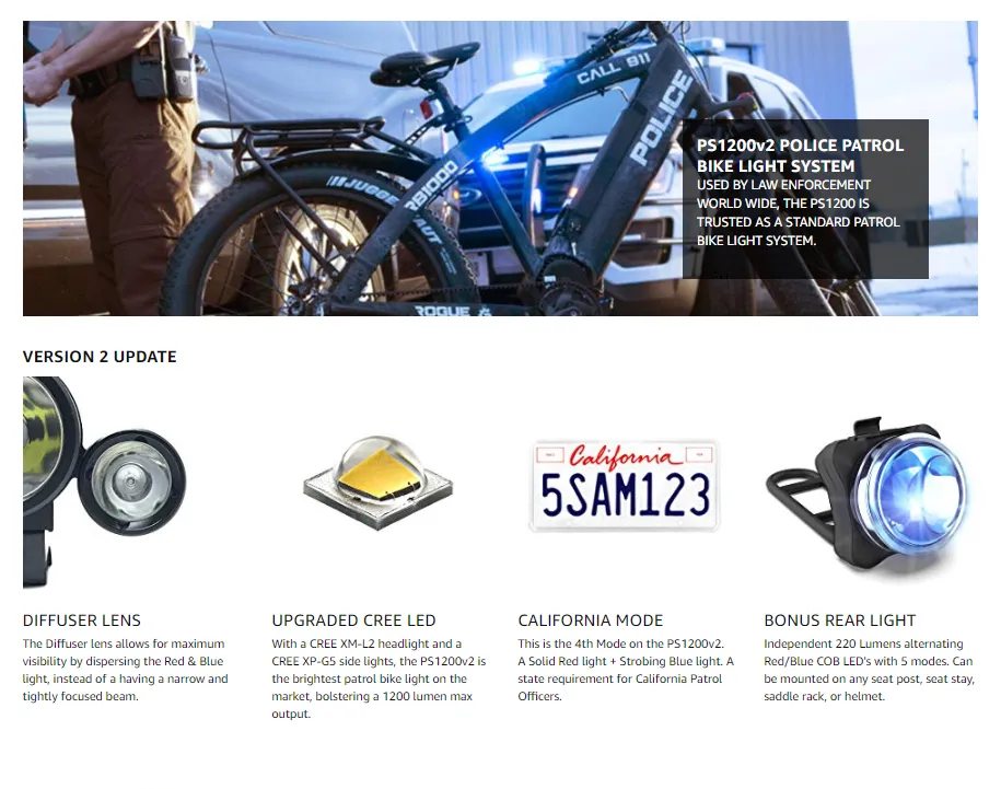 PS1200 Front & OPTIKS 210 Rear Police Patrol Bike Light - Red/Blue Strobe LED - Rechargeable - Water Proof - 5 Modes