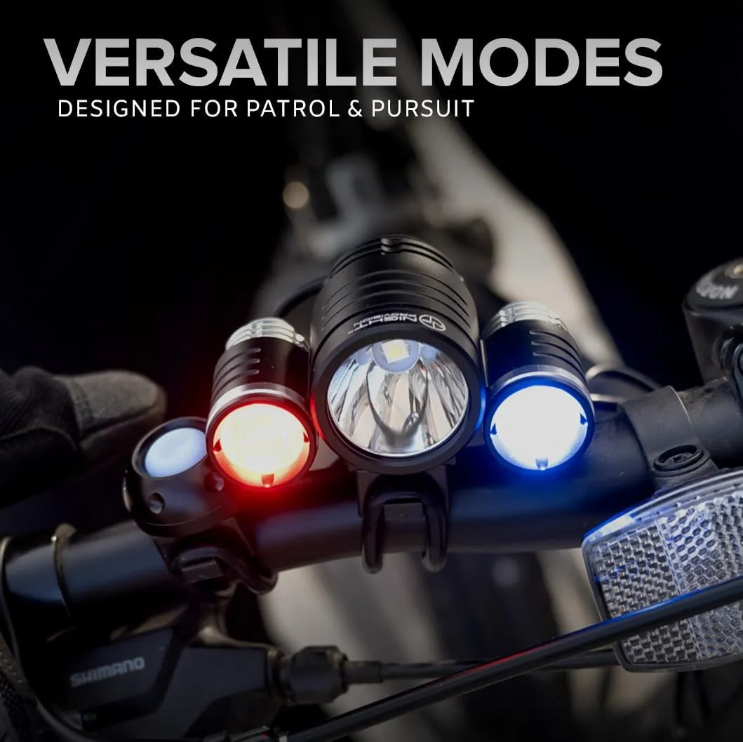 PS1200 Front & OPTIKS 210 Rear Police Patrol Bike Light - Red/Blue Strobe LED - Rechargeable - Water Proof - 5 Modes