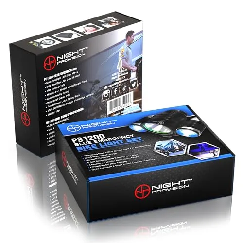 PS1200 Front & OPTIKS 210 Rear Police Patrol Bike Light - Red/Blue Strobe LED - Rechargeable - Water Proof - 5 Modes
