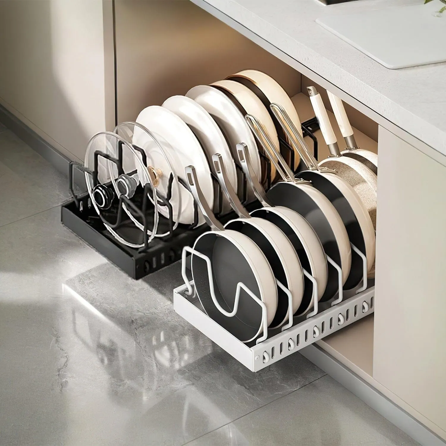 Pull Out Pots and Pans Organizer with 8 Adjustable Dividers