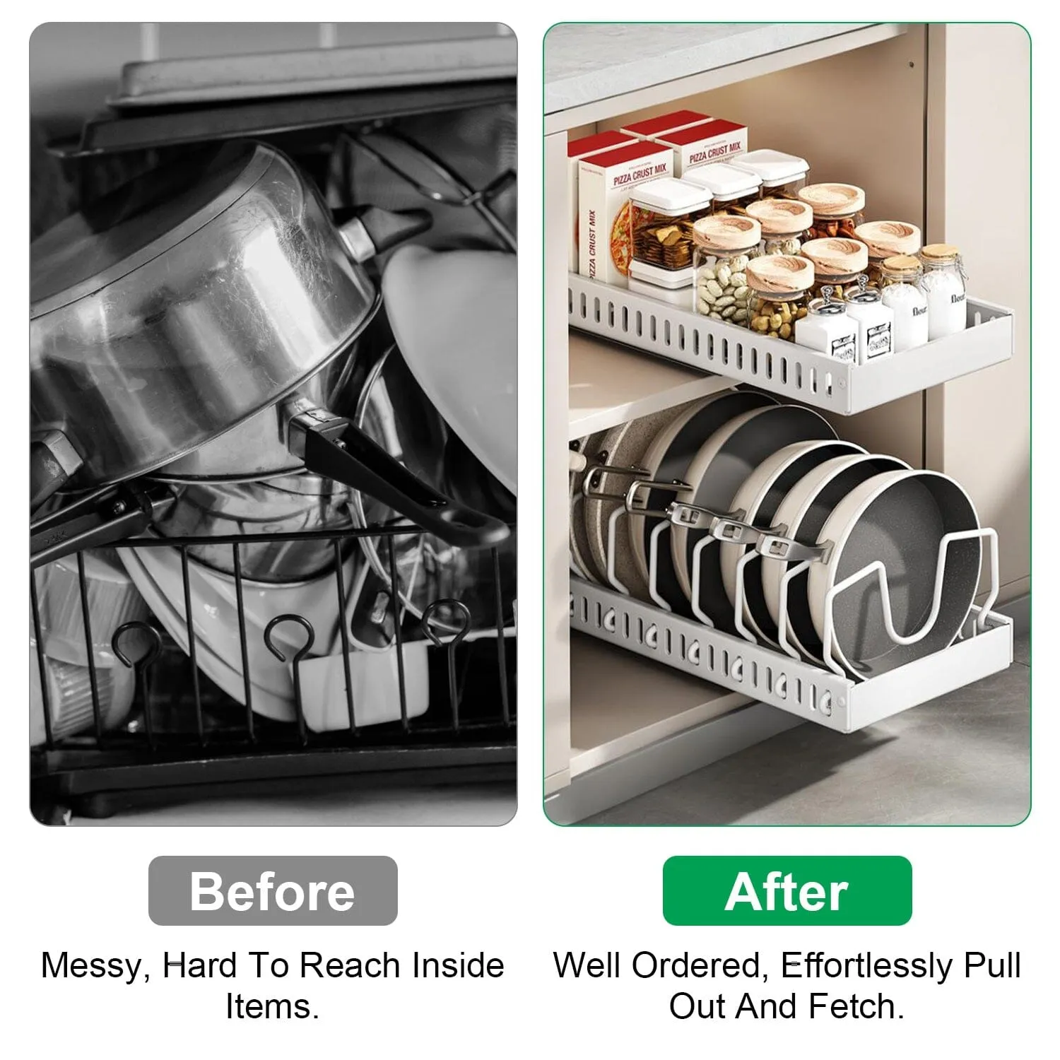 Pull Out Pots and Pans Organizer with 8 Adjustable Dividers
