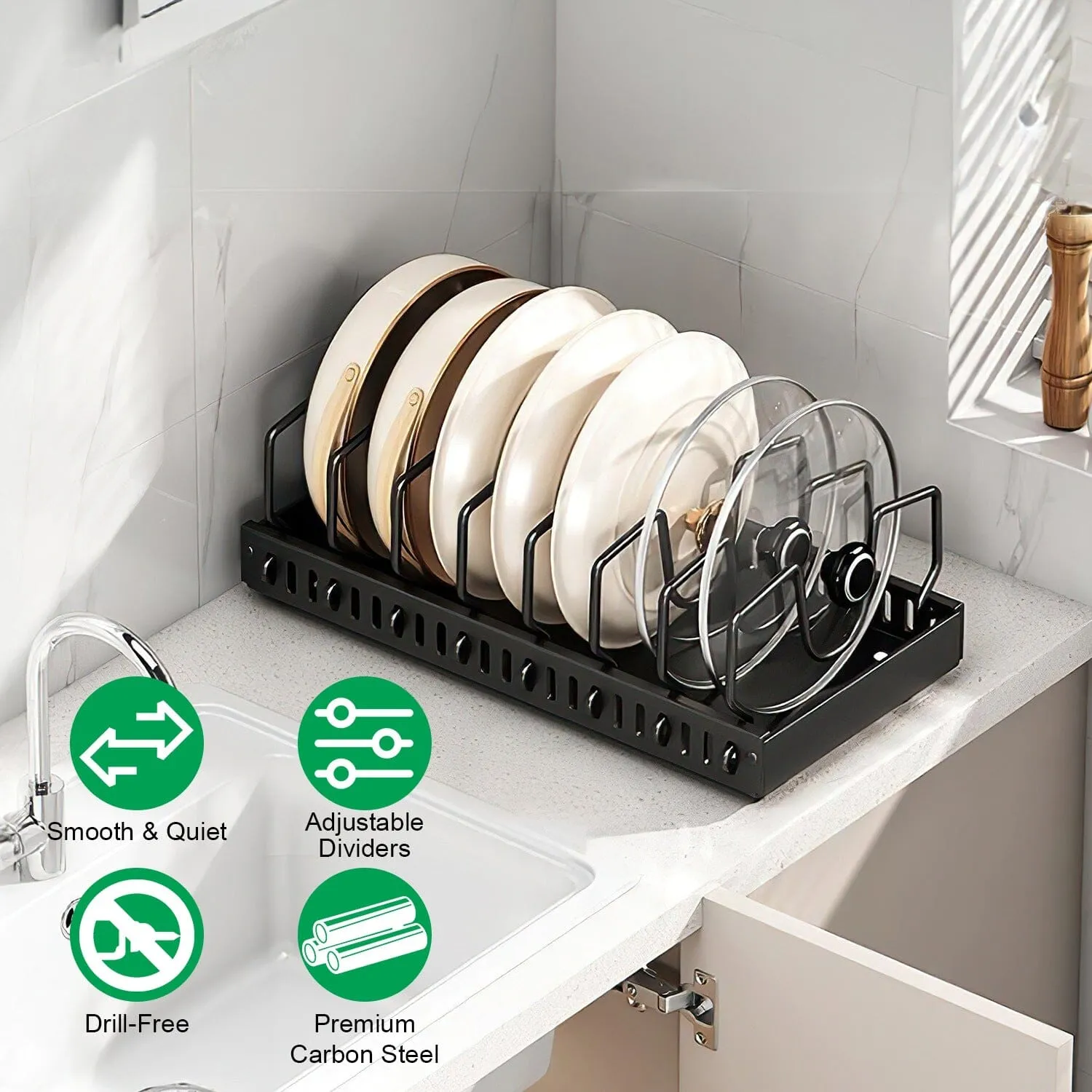 Pull Out Pots and Pans Organizer with 8 Adjustable Dividers