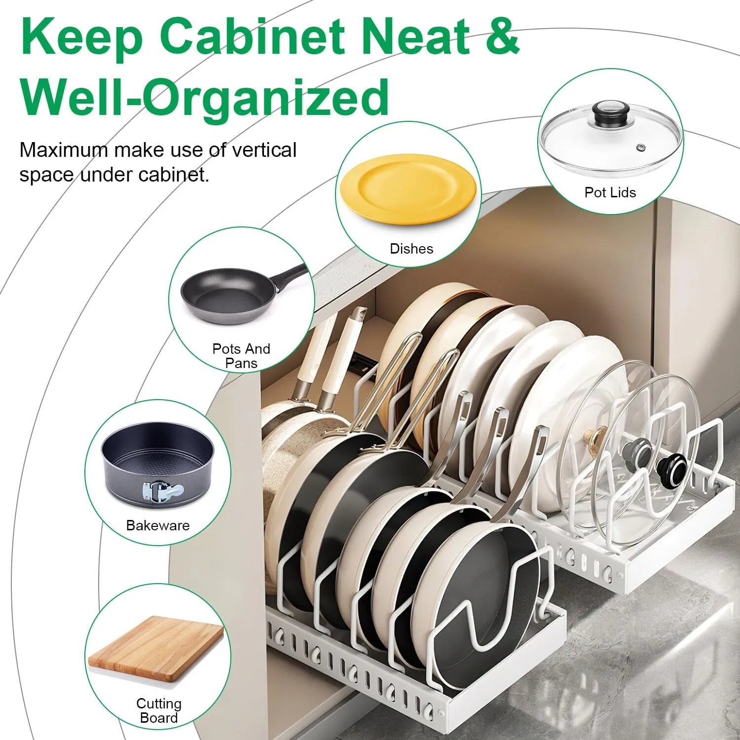 Pull Out Pots and Pans Organizer with 8 Adjustable Dividers