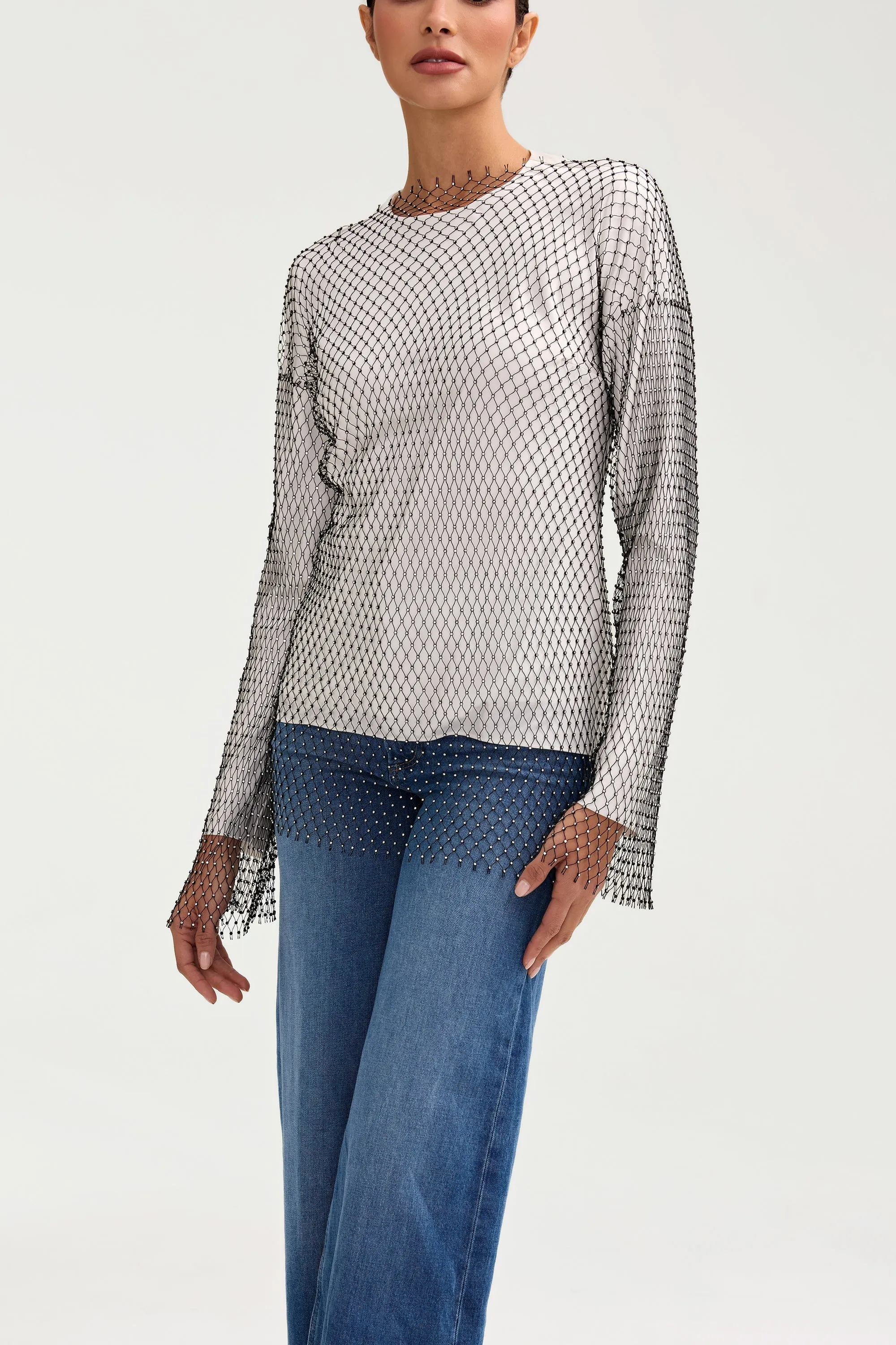 Sania Crystal Satin Top - White