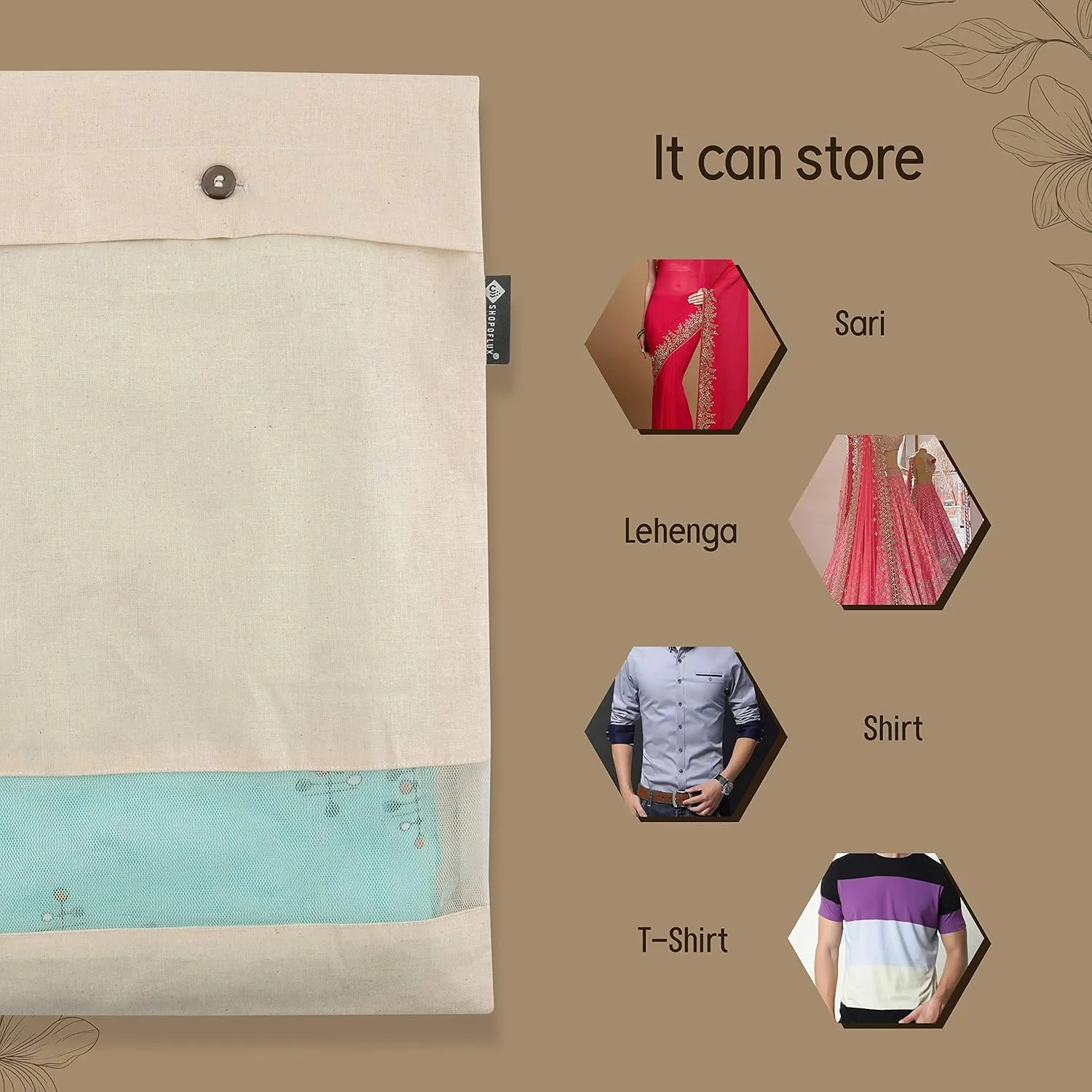 SHOPOFLUX Cotton Saree Covers 12 Pieces | Saree Bags | Clothes Bag for Travelling and Wardrobe Organizer with Transparent Mesh Window (16 x 14 Inches) (12)