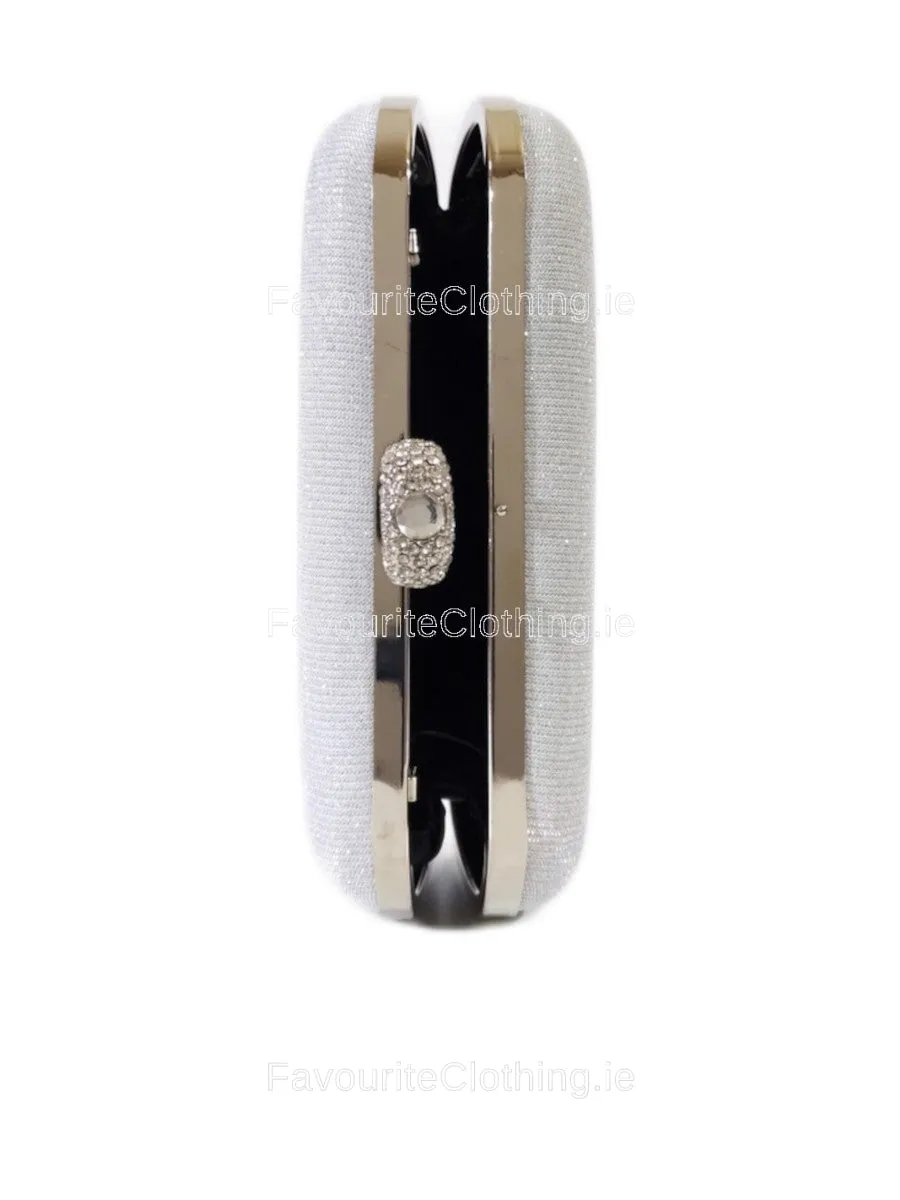 Silver Glitter Diamond Ring Detail Clutch Bag