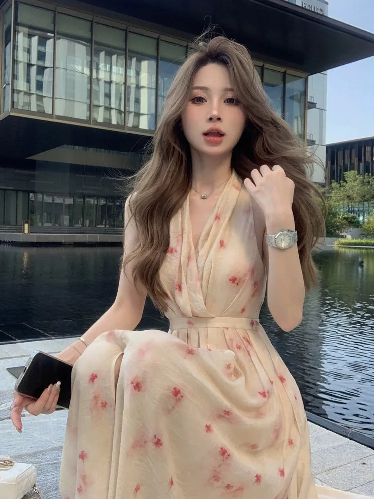 Sleeveless V-Neck Halter Summer Dress