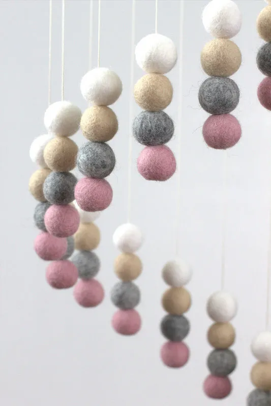 Spiral Felt Ball Mobile- Pink, Gray, Almond, White