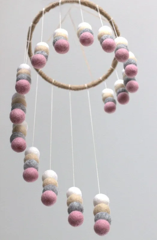 Spiral Felt Ball Mobile- Pink, Gray, Almond, White