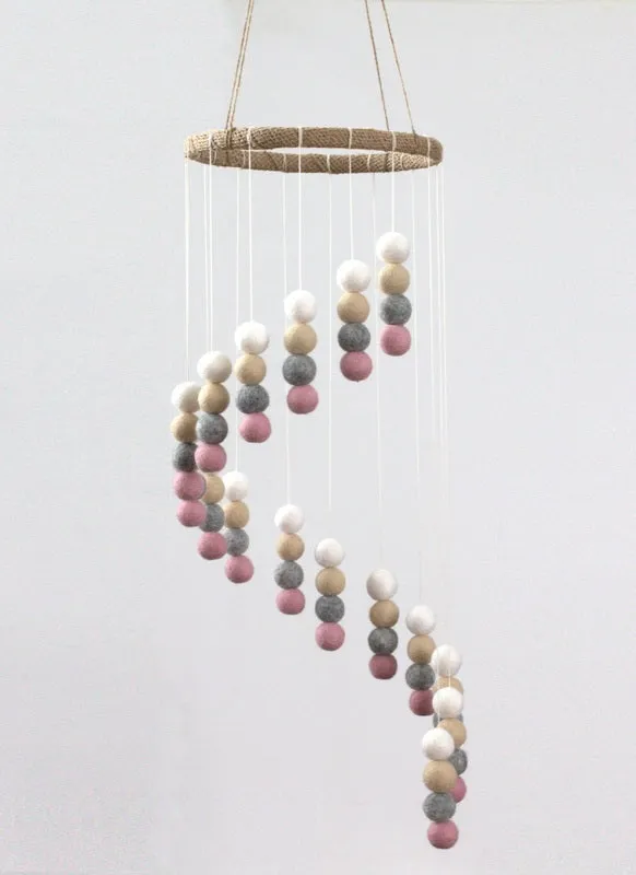 Spiral Felt Ball Mobile- Pink, Gray, Almond, White