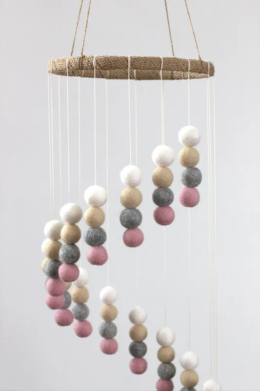 Spiral Felt Ball Mobile- Pink, Gray, Almond, White