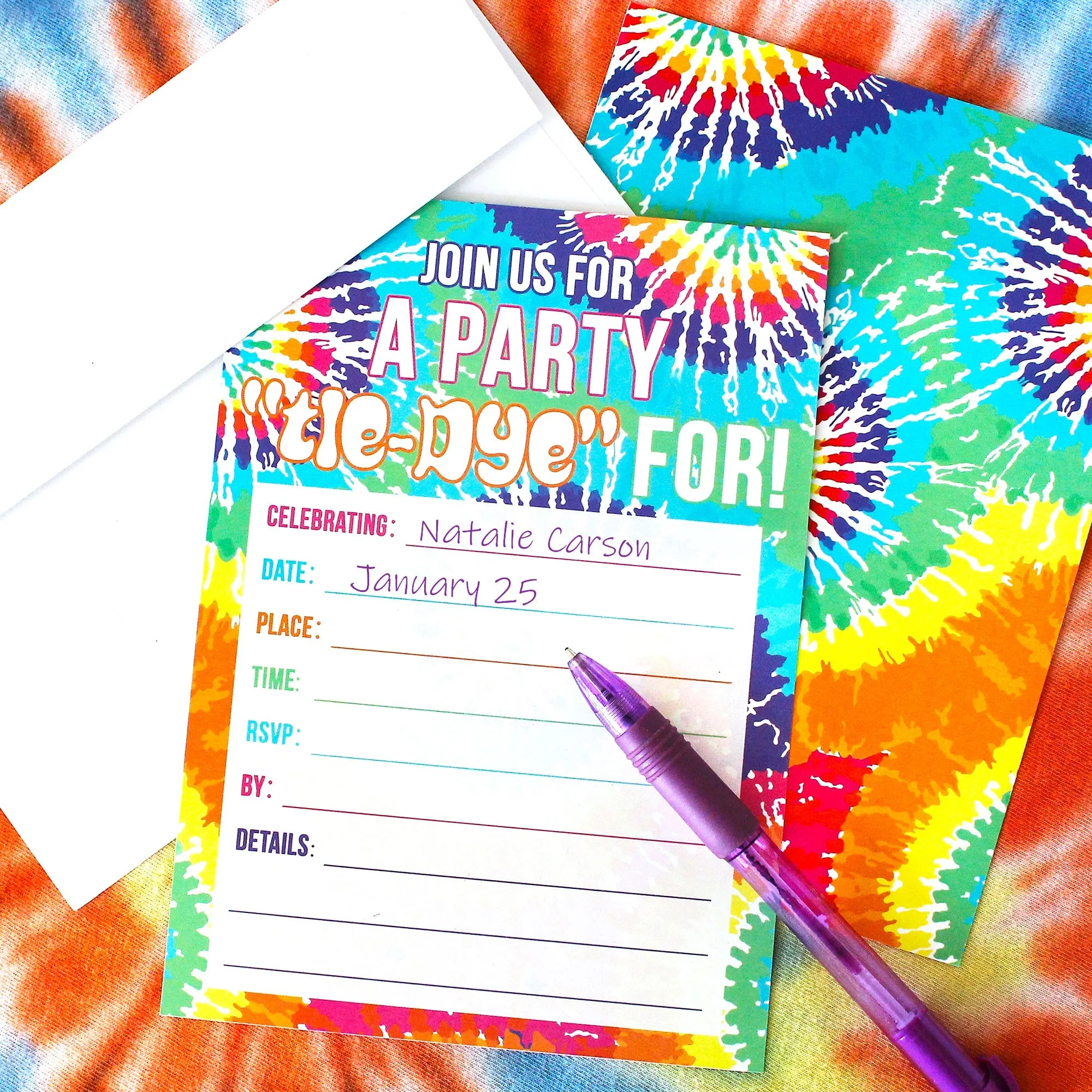 Tie Dye: Kid's Birthday Party - Invitations - Peace, Love, Party - 10 Cards with Envelopes