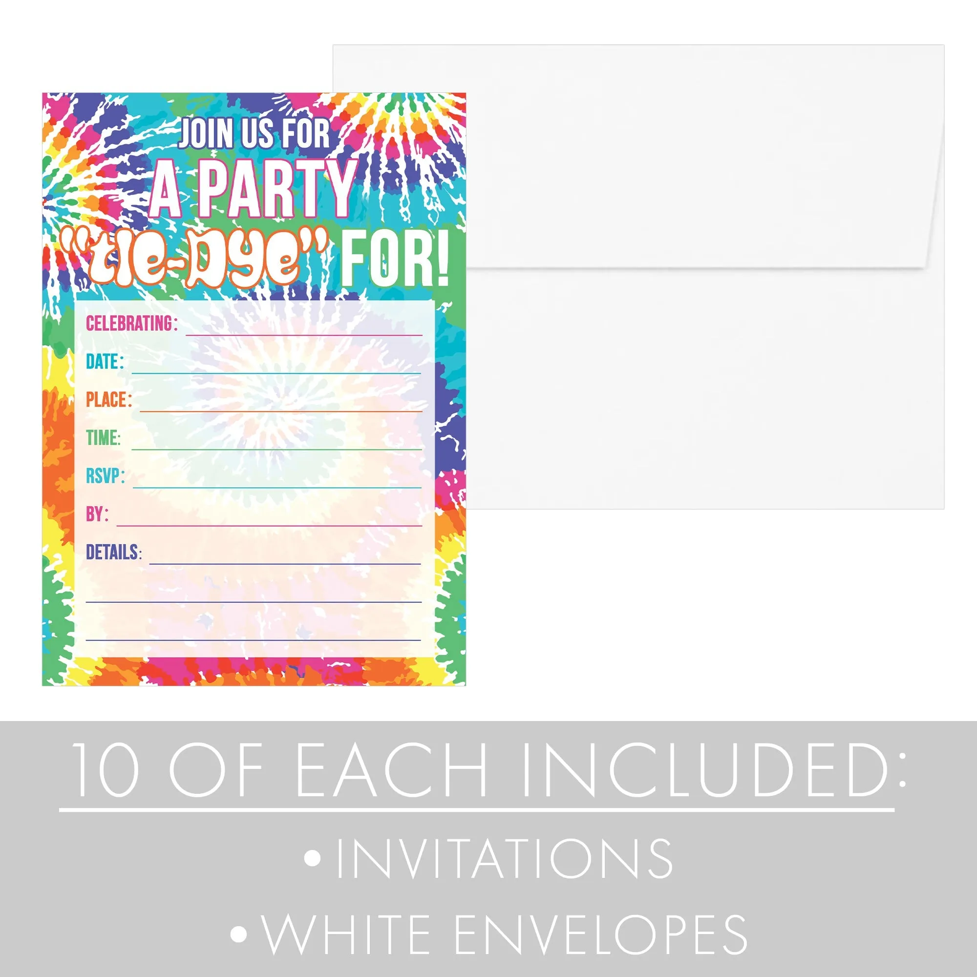 Tie Dye: Kid's Birthday Party - Invitations - Peace, Love, Party - 10 Cards with Envelopes