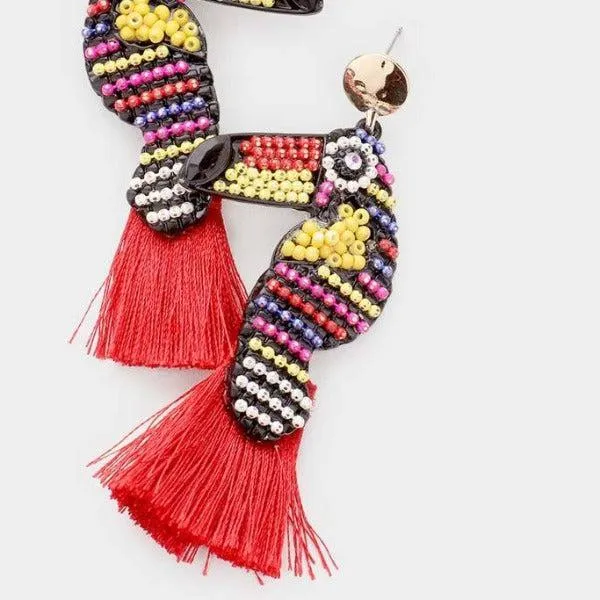 Toucan Tassel Red Seed Bead Earrings