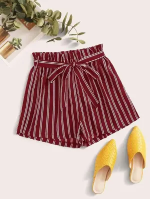 Vertical Striped Paperbag Waist Belted Shorts