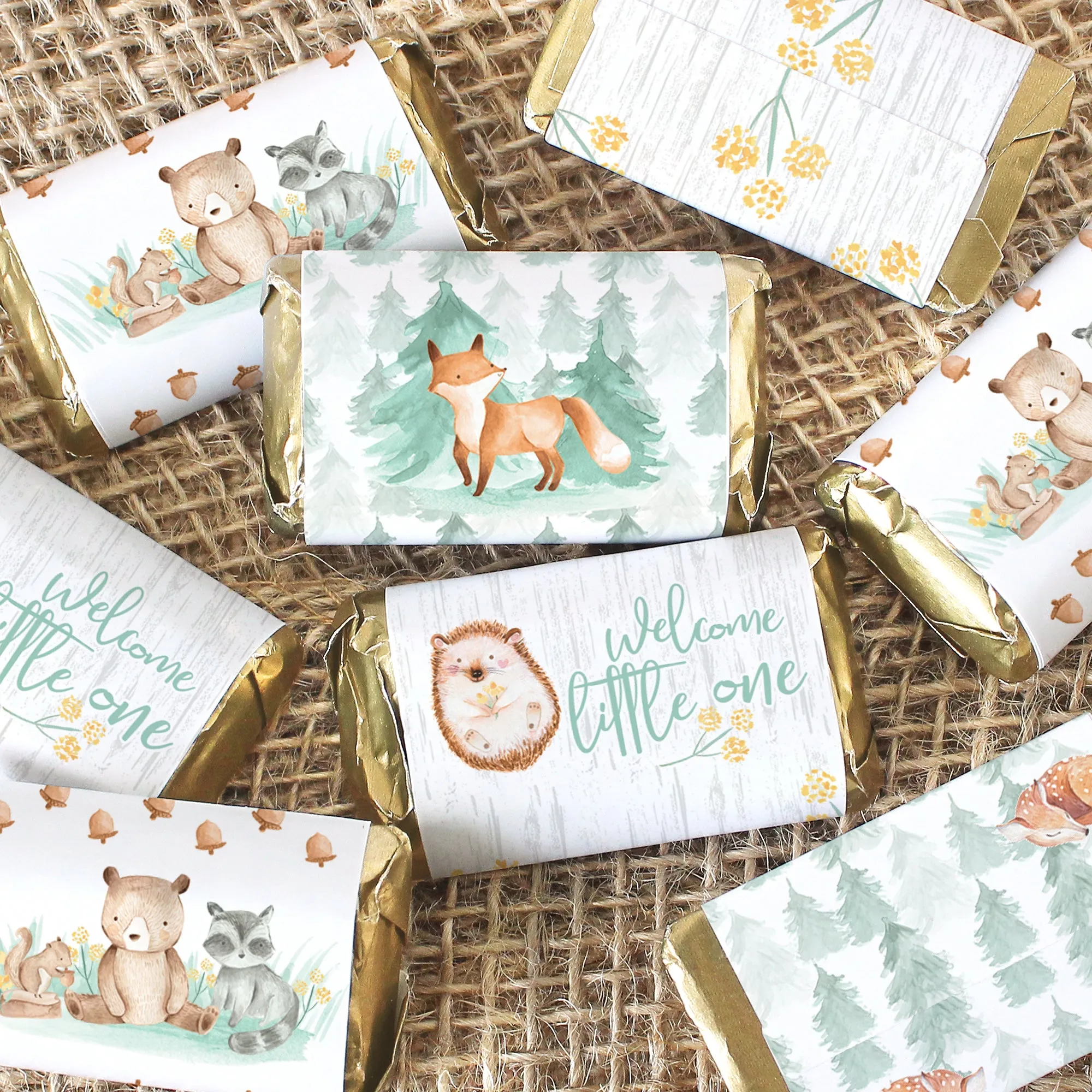 Watercolor Woodland Baby Shower Mini Candy Bar Wrappers - 45 Count