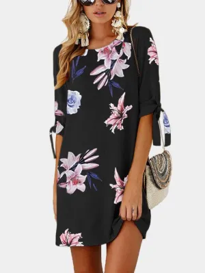 Wholesale Black Round Neck Half Sleeve Floral Print Self-Tie Mini Dresses