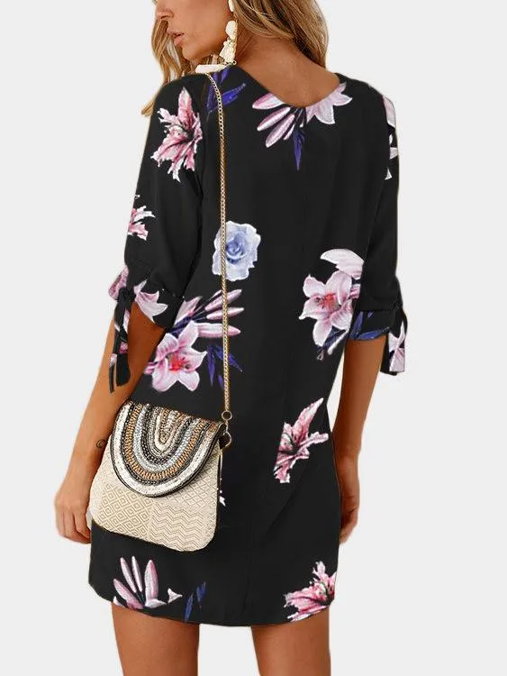 Wholesale Black Round Neck Half Sleeve Floral Print Self-Tie Mini Dresses