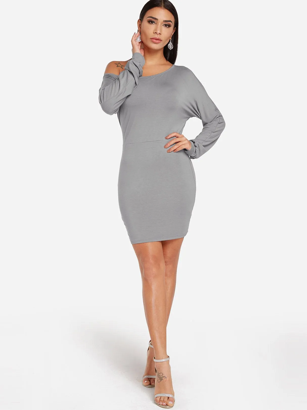 Wholesale Grey One Shoulder Long Sleeve Plain Fashion Mini Dress