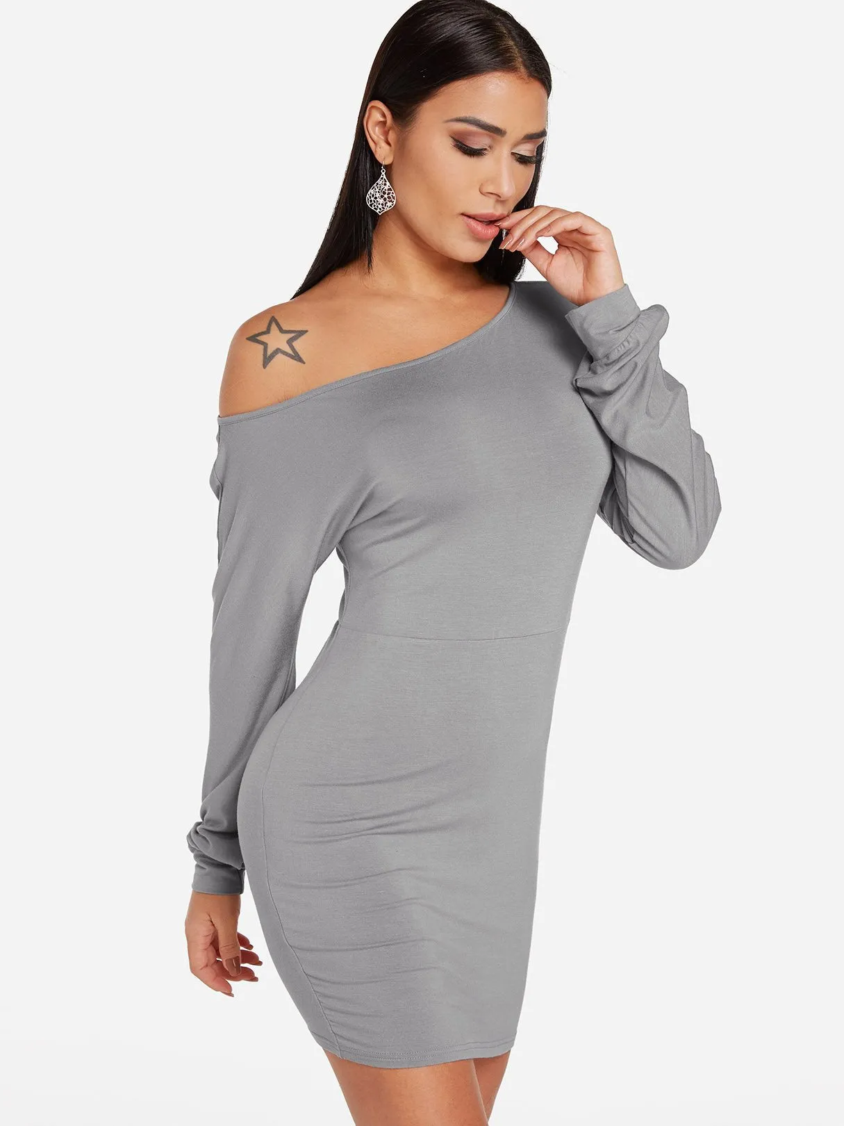 Wholesale Grey One Shoulder Long Sleeve Plain Fashion Mini Dress