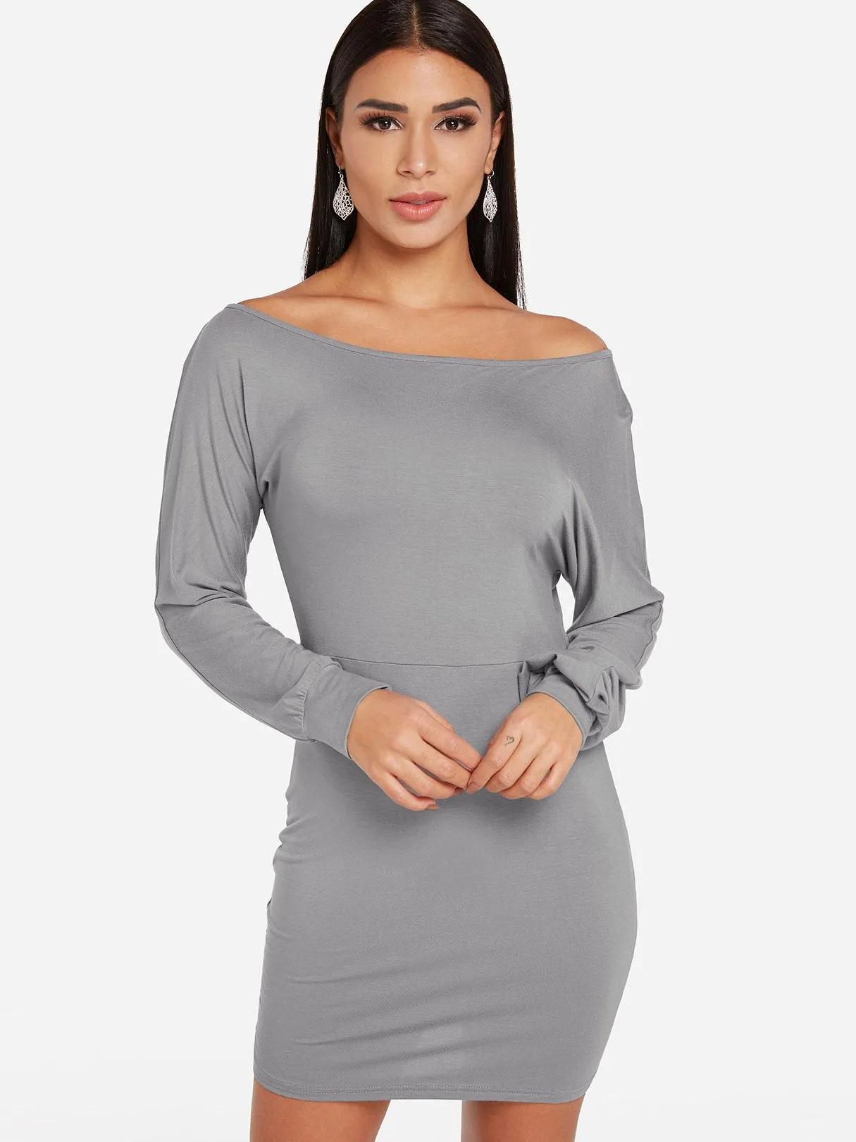 Wholesale Grey One Shoulder Long Sleeve Plain Fashion Mini Dress