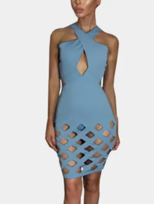 Wholesale Halter Sleeveless Plain Zip Back Hollow Cut Out Mini Dress