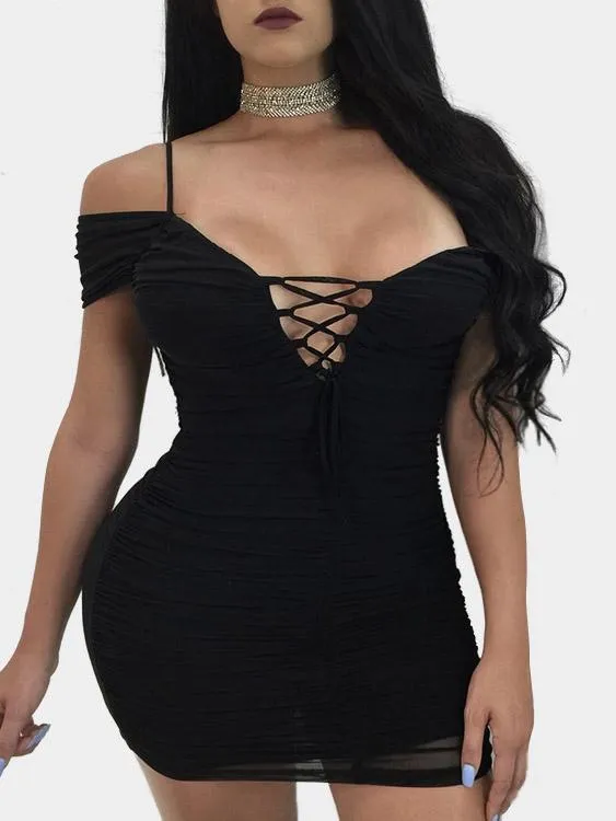 Wholesale Off The Shoulder Deep V Neck Short Sleeve Zip Back Mini Dress