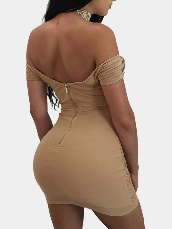 Wholesale Off The Shoulder Deep V Neck Short Sleeve Zip Back Mini Dress