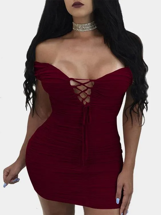 Wholesale Off The Shoulder Deep V Neck Short Sleeve Zip Back Mini Dress