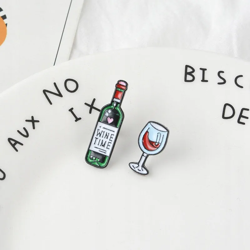 WINE TIME Glass and a Bottle of Wine Set of 2 Enamel Pins