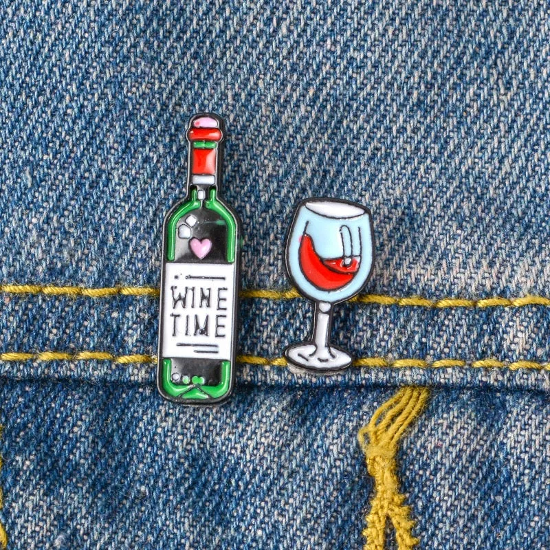 WINE TIME Glass and a Bottle of Wine Set of 2 Enamel Pins