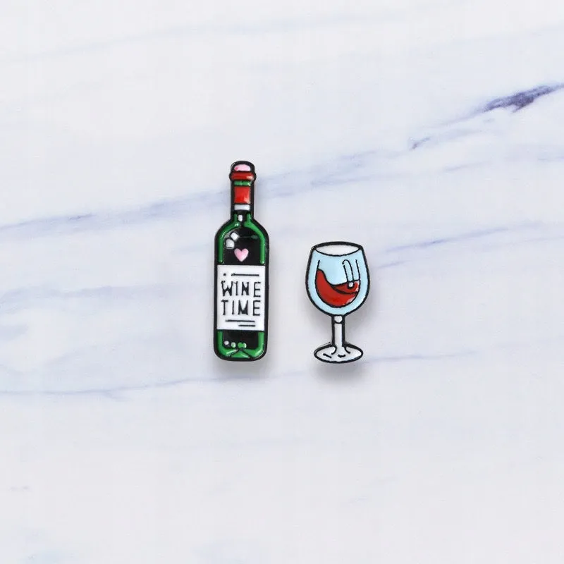 WINE TIME Glass and a Bottle of Wine Set of 2 Enamel Pins