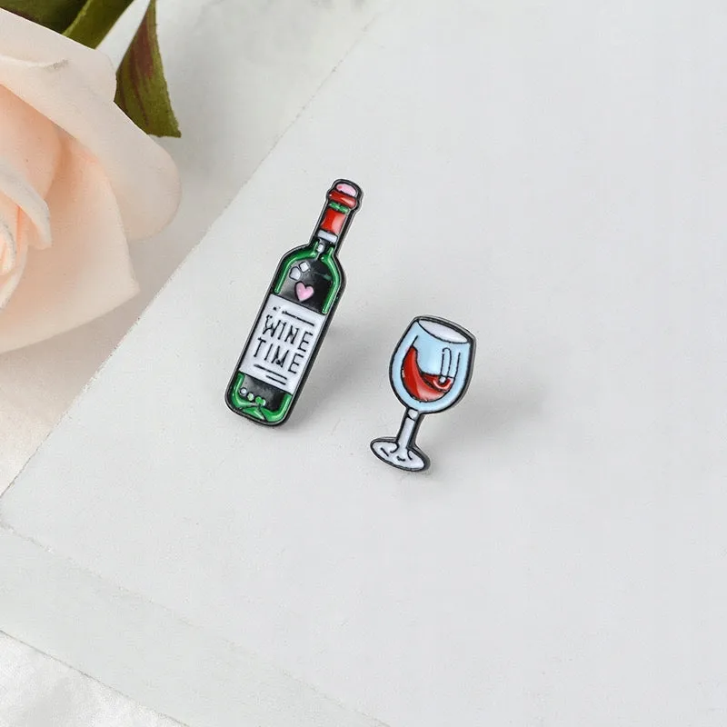 WINE TIME Glass and a Bottle of Wine Set of 2 Enamel Pins