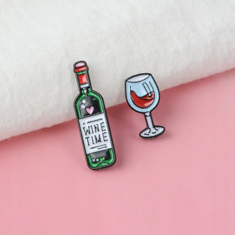 WINE TIME Glass and a Bottle of Wine Set of 2 Enamel Pins